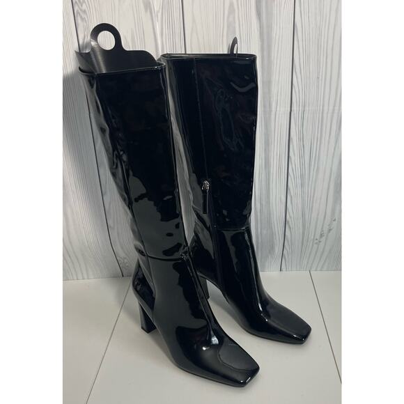 Zara Square Heeled Tall Patent Leather Boots Size 9 (40) - Picture 1 of 13